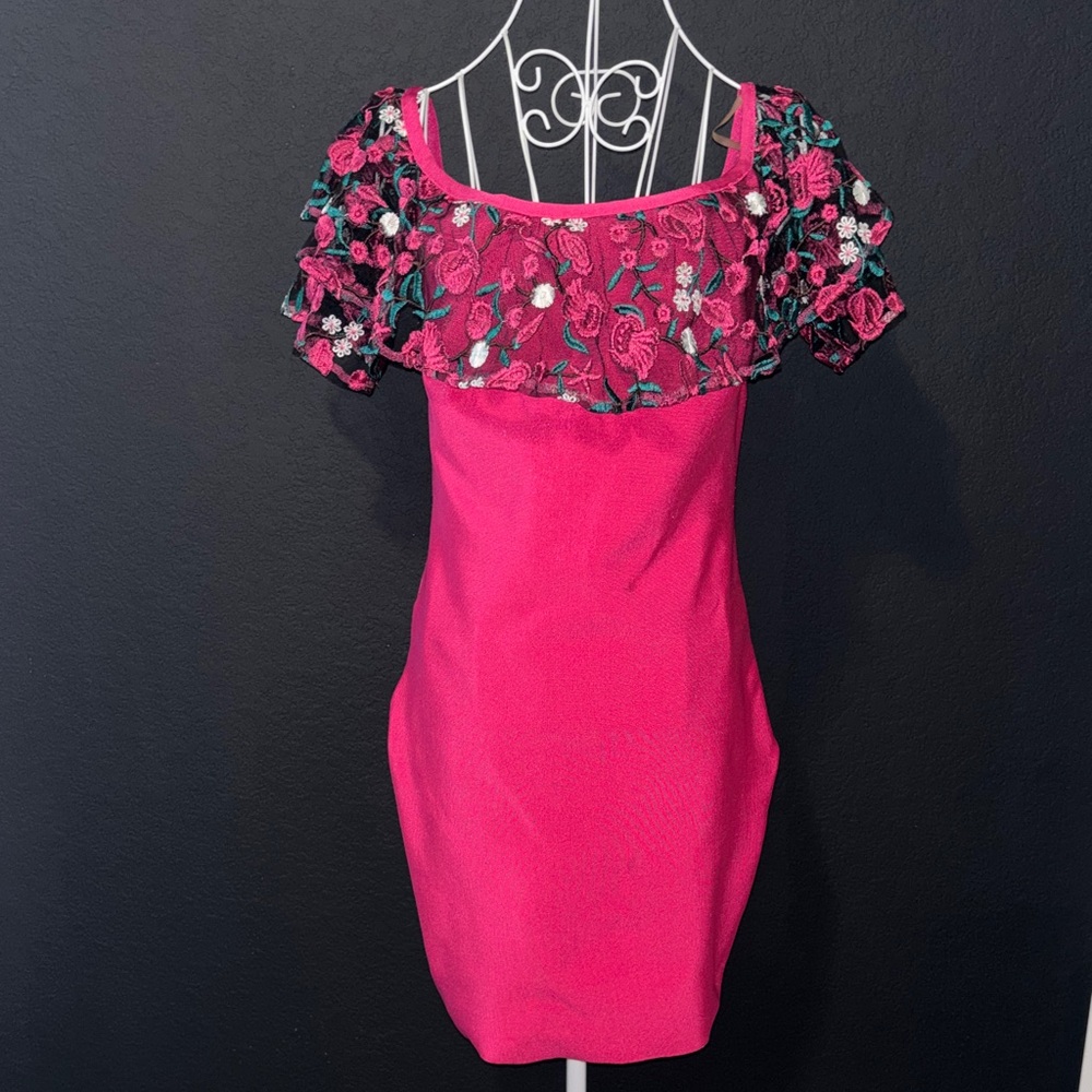 WOW couture Fuchsia One-Shoulder Floral Embroidered Dress